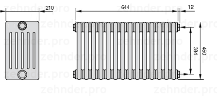 Схема (чертеж) Радиатор Zehnder Charleston 6045/14 №7610 Белый глянцевый RAL 9016